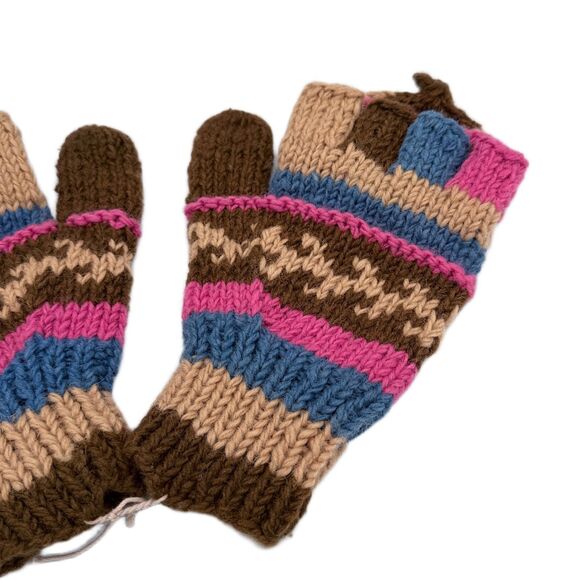 Vintage Knit Convertible Mittens Fingerless Gloves Brown Pink Blue Fair Isle OS - Picture 4 of 5